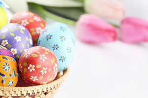 Basket of decorated Easter eggs.