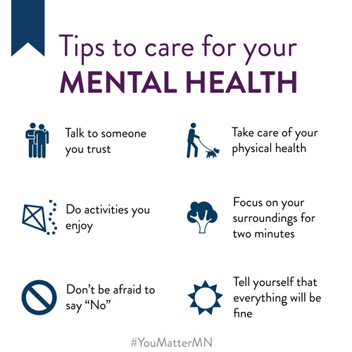 image with text: Tips to care for your mental health.Talk to someone you trust. Do activities you enjoy. Take care of your physical health. Tell yourself that everything will be fine. Focus on your surroundings for two minutes. Don't be afraid to say 'no'." 