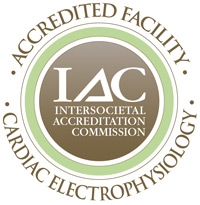 Seal from the Intersocietal Accreditation Commission that indicates that CentraCare Heart & Vascular Center is an accredited facility for cardiac electrophysiology in the areas of chronic lead extraction, testing and ablation and device implantation. 